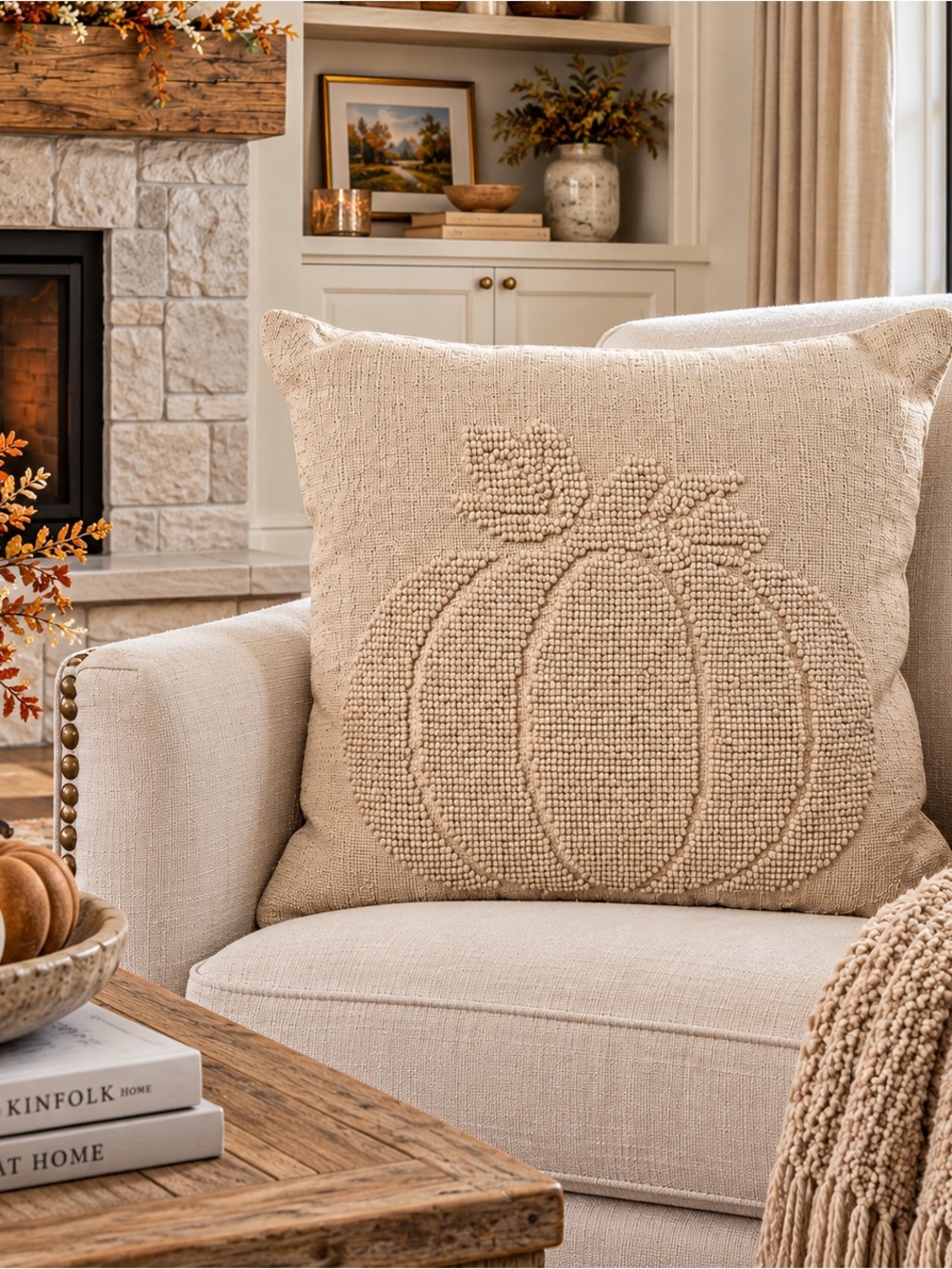 Neutral Cream Textured Pumpkin Throw Pillow 18x18